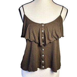 Womens Blouse Army Green Sz M Button-Down Ruffle Camisole Top Spaghetti Straps